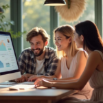 Três profissionais sorrindo enquanto analisam gráficos em um computador, ilustrando a integração bem-sucedida de marketing e vendas.